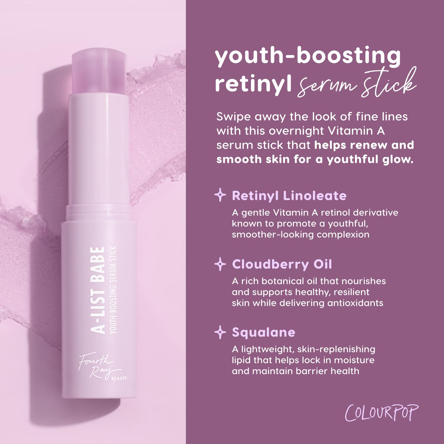 ColourPop retinol serum stick texture melting on fingertip for quick absorption benefit
