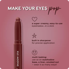 Model wearing ColourPop Shadow Stix Plum Tart to demonstrate wearable plum tone