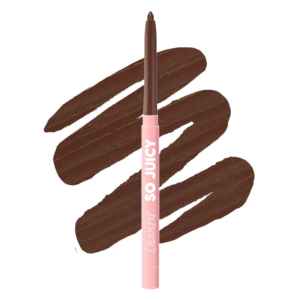 ColourPop So Juicy lip liner front view showing Mocha Latte shade and clean packaging benefit