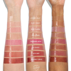 ColourPop So Juicy layered over lipstick showing added shine and dimension