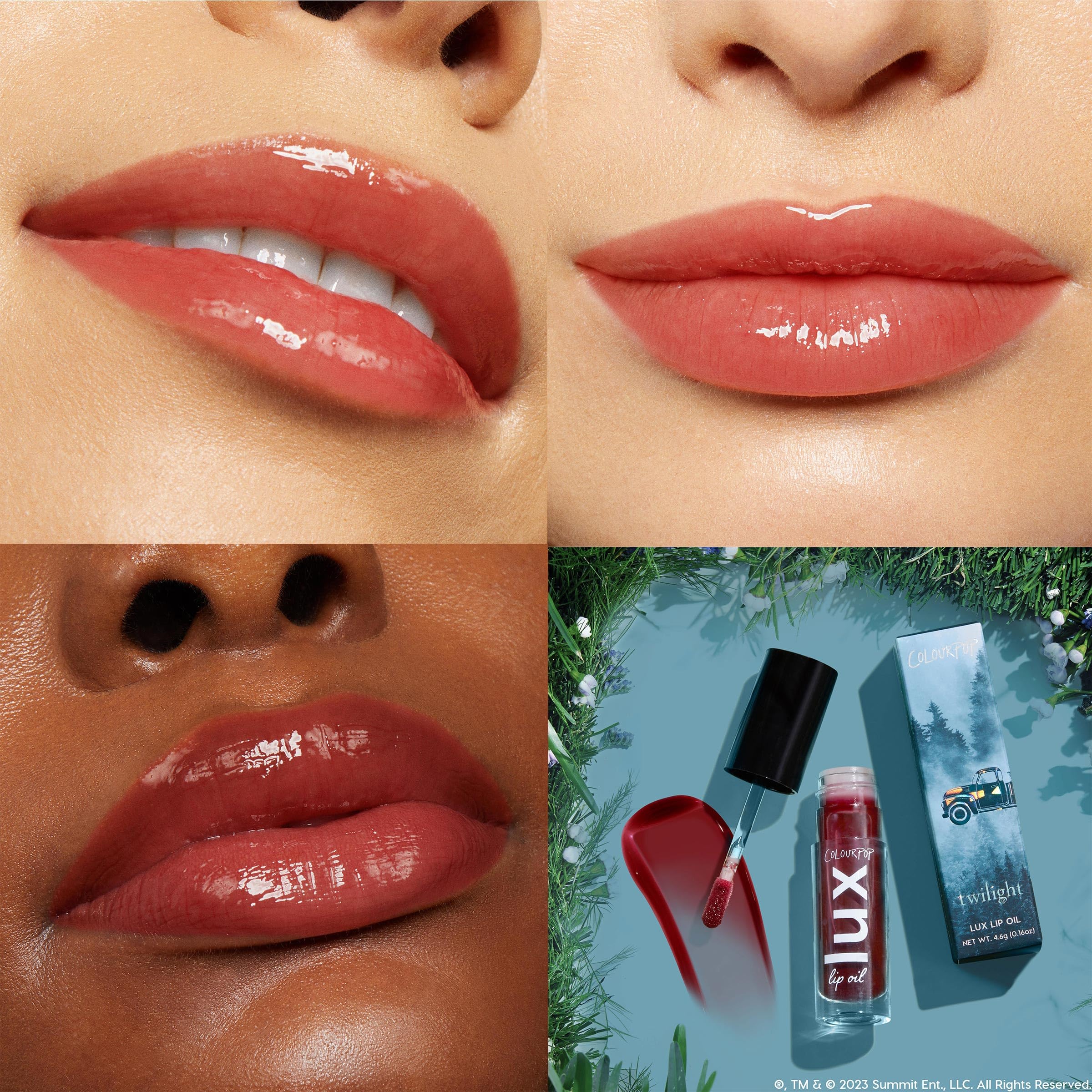 ColourPop Twilight Lux Bells texture swatch showing glossy non-sticky sheen benefit