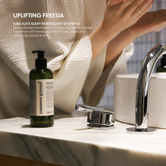 COMMON GROUND dispensing foam on hand showing gentle lather benefit