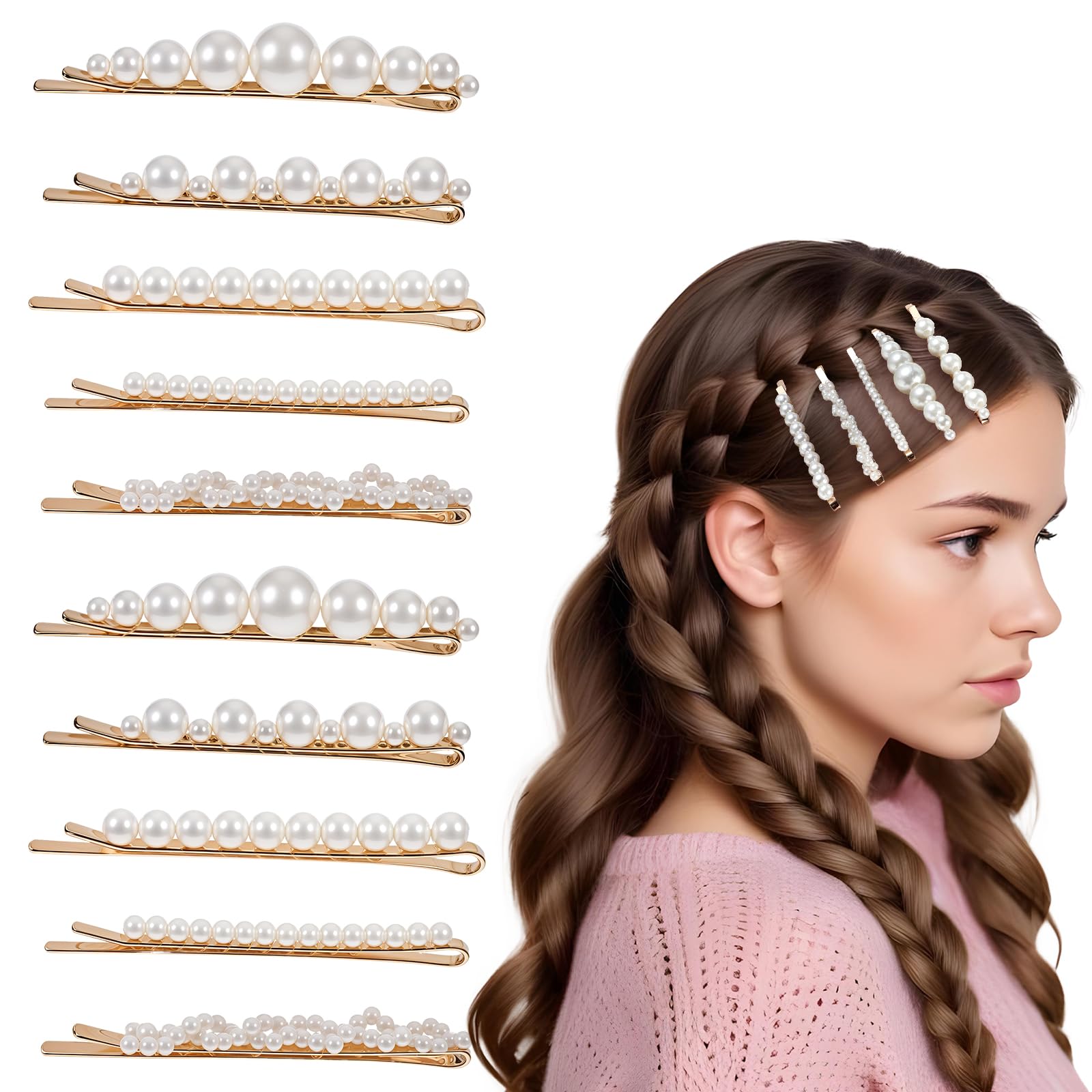 COMNICO front view of ten pearl hair clips showing neat arrangement and elegant look