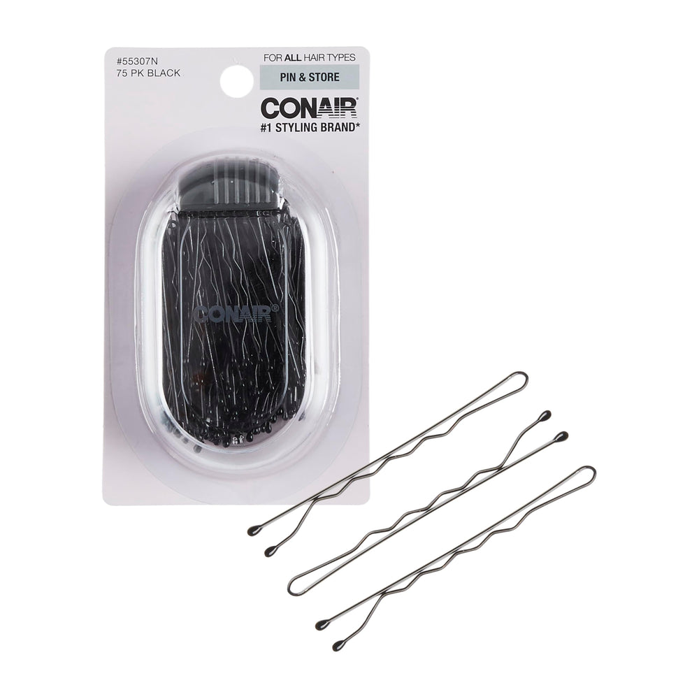 Conair black bobby pins in clear storage case showing neat organized supply and easy access