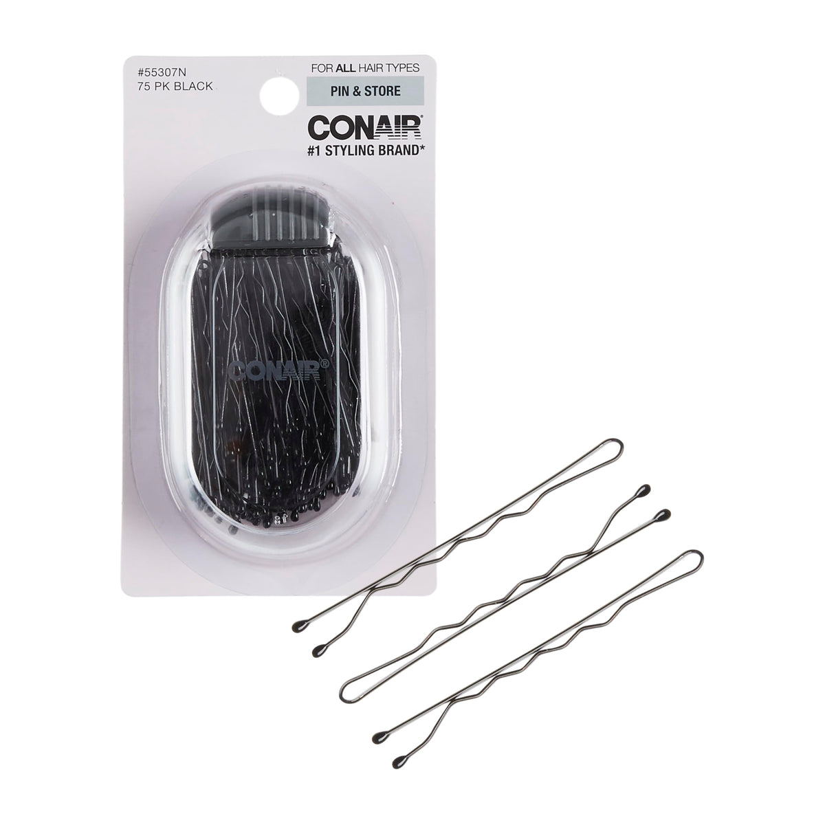 Conair black bobby pins in clear storage case showing neat organized supply and easy access