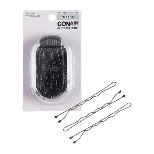 Conair black bobby pins in clear storage case showing neat organized supply and easy access