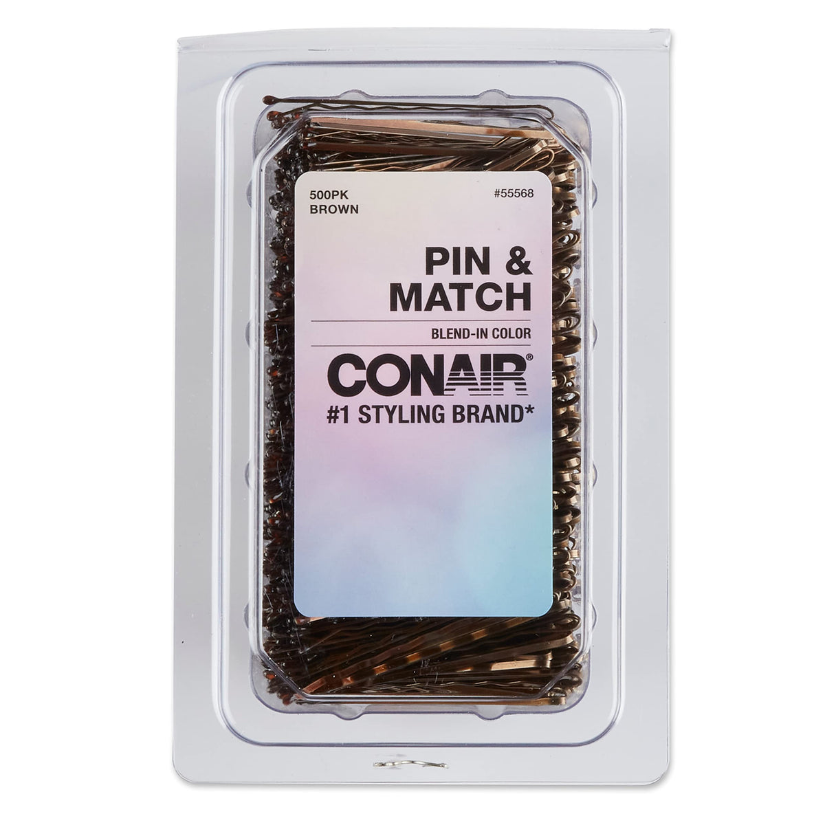Conair brown bobby pins front packaging showing 500 count and tub benefit