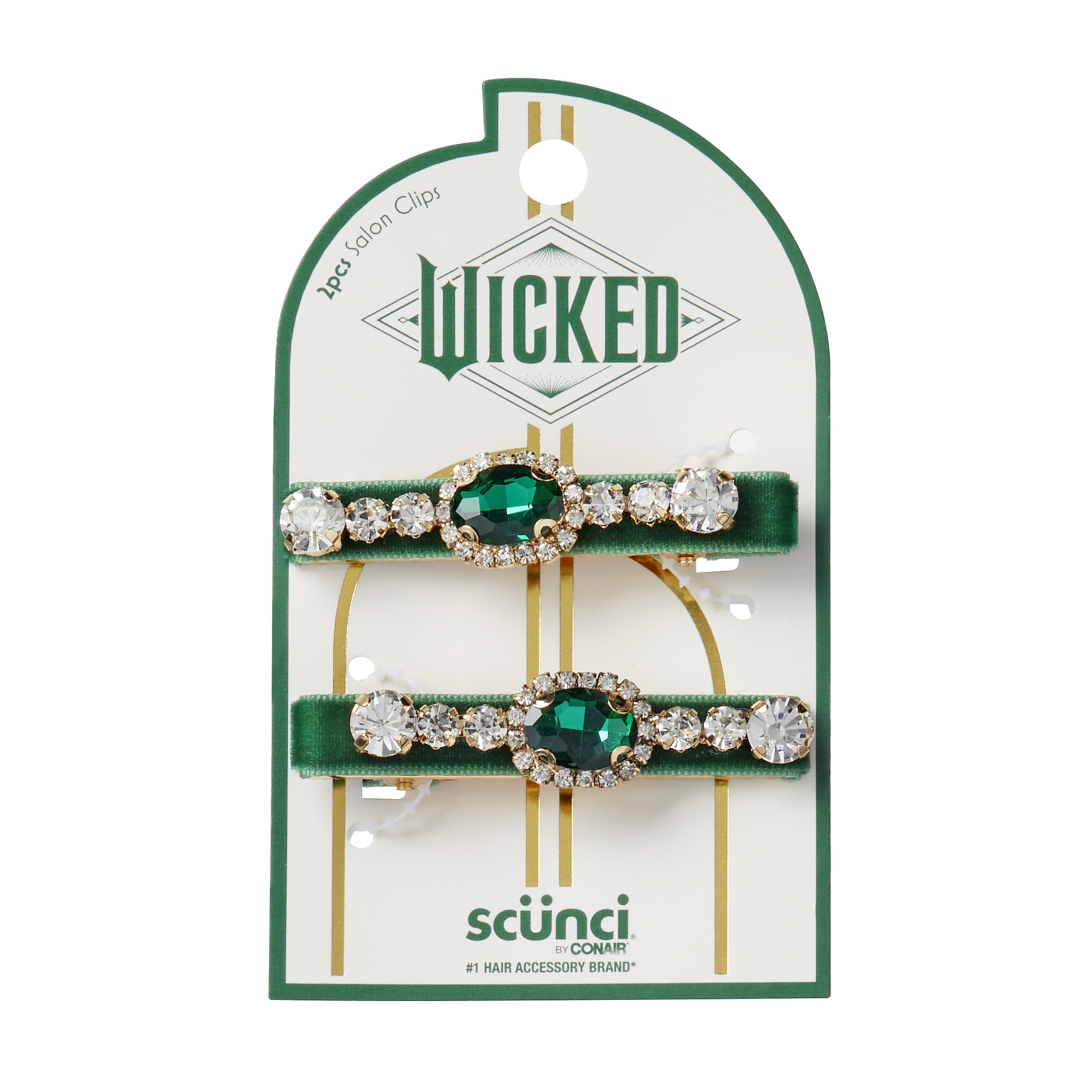 Conair scünci front view showcasing green velvet and rhinestones for glam style
