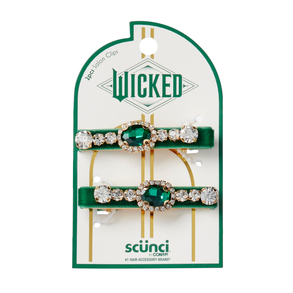 Conair scünci front view showcasing green velvet and rhinestones for glam style