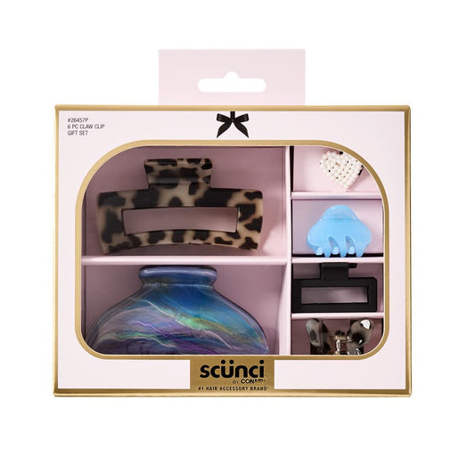 Scunci by Conair front view of six assorted claw clips showing variety and convenience