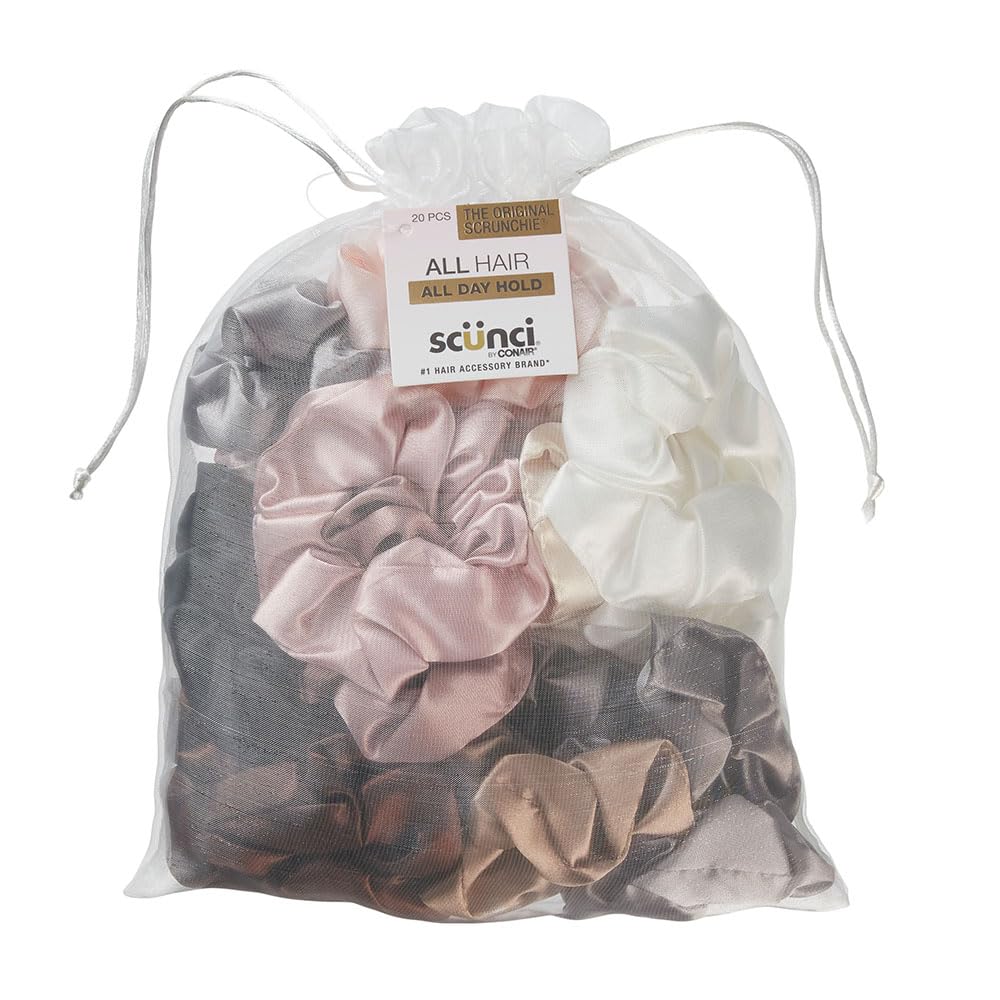 Conair Scunci front packaging showing 20 assorted nylon-silk scrunchies, convenient storage
