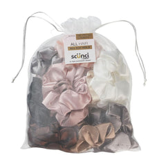 Conair Scunci front packaging showing 20 assorted nylon-silk scrunchies, convenient storage