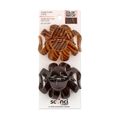 Conair Scünci front packaging showing two-color claw clip set for easy styling