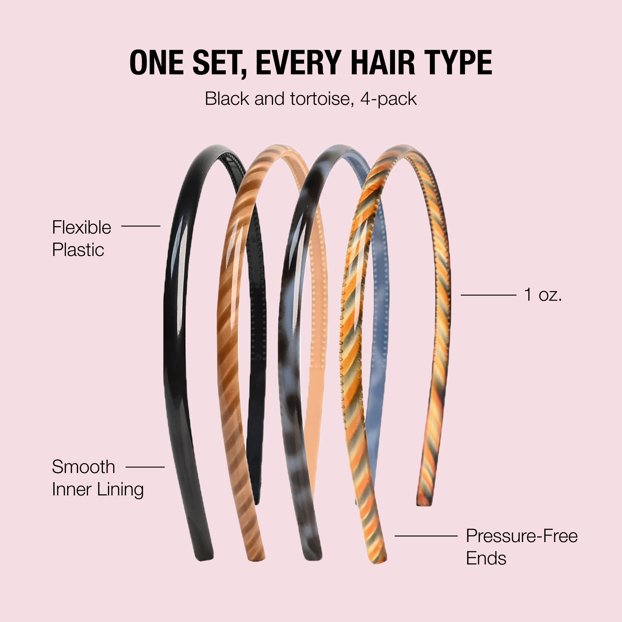 Conair Scünci four headbands flat lay showing color variety and portability