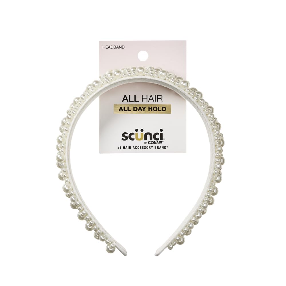 Conair Scunci headband front view showing ivory pearls and polished look