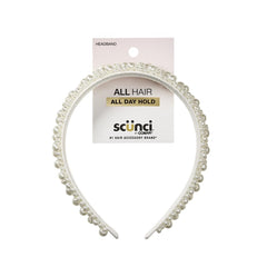 Conair Scunci headband front view showing ivory pearls and polished look