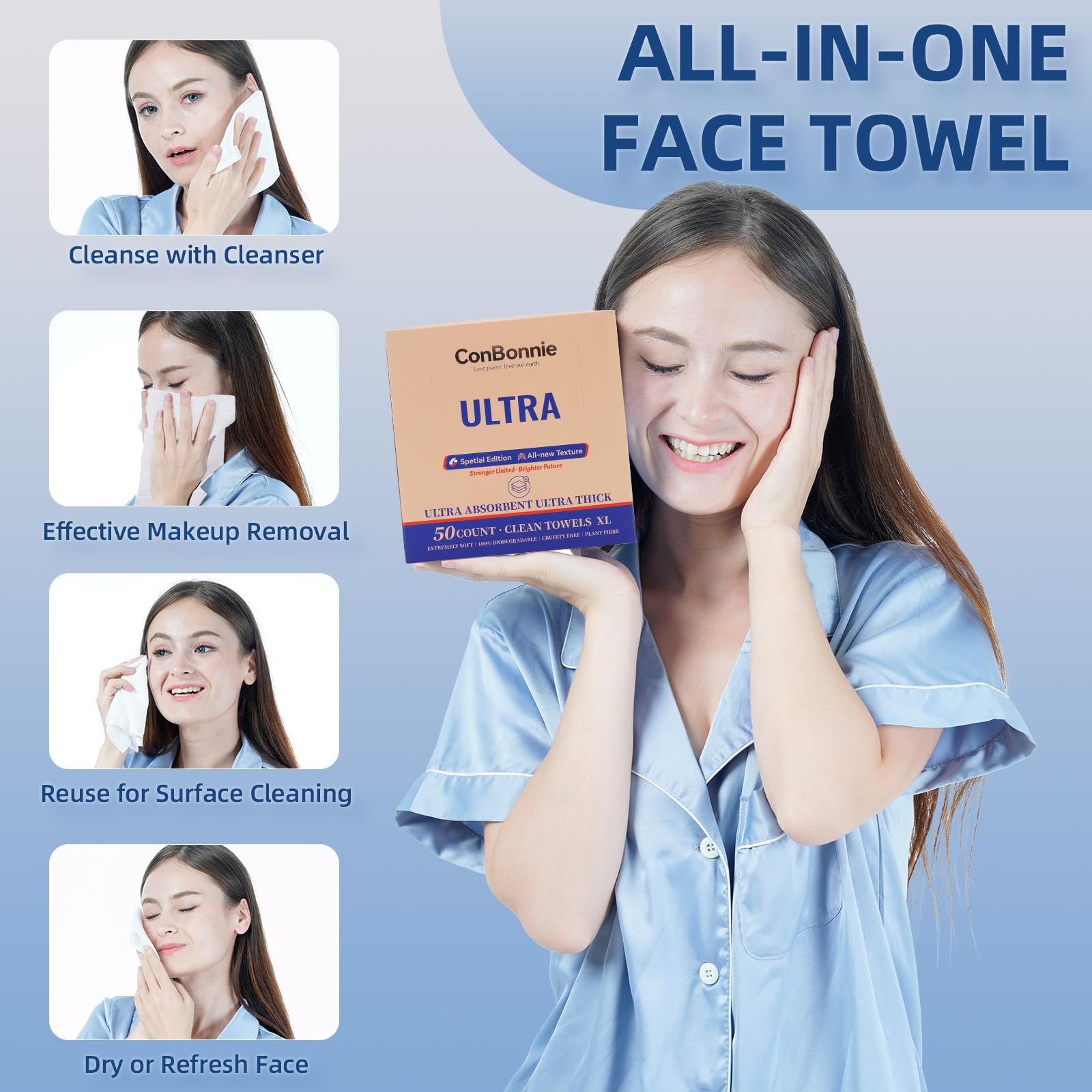 Conbonnie folded stack displaying 50-pack convenience for travel