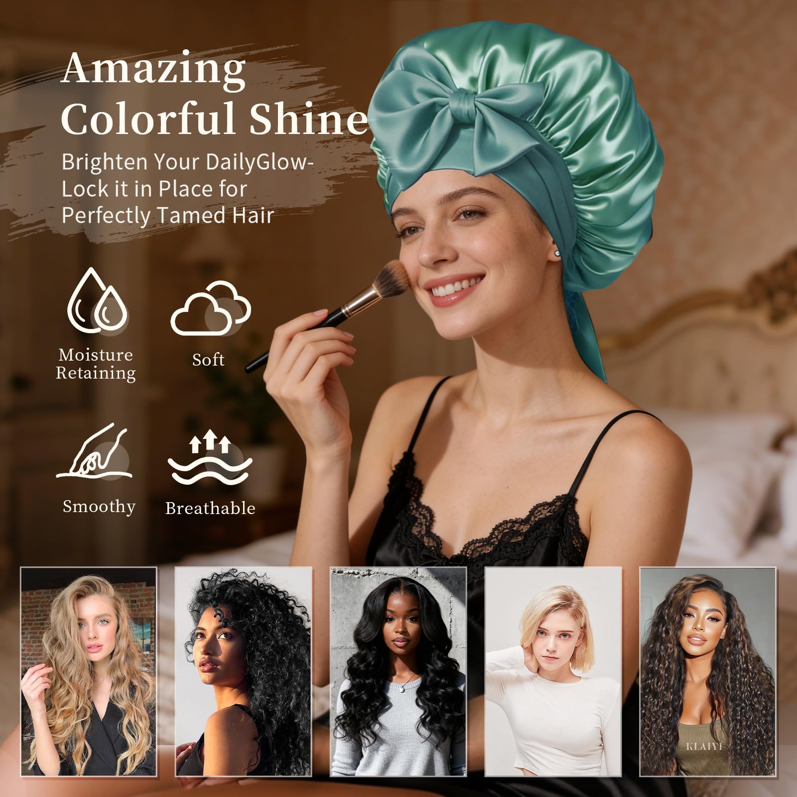 Confvrter bonnet on model with curly hair showing roomy fit that preserves volume