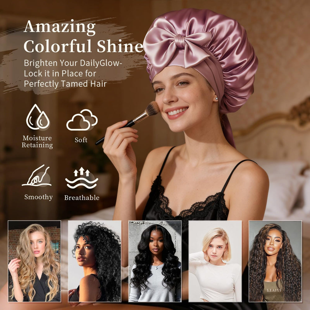 Confvrter bonnet worn by model in bedroom preserving curls overnight