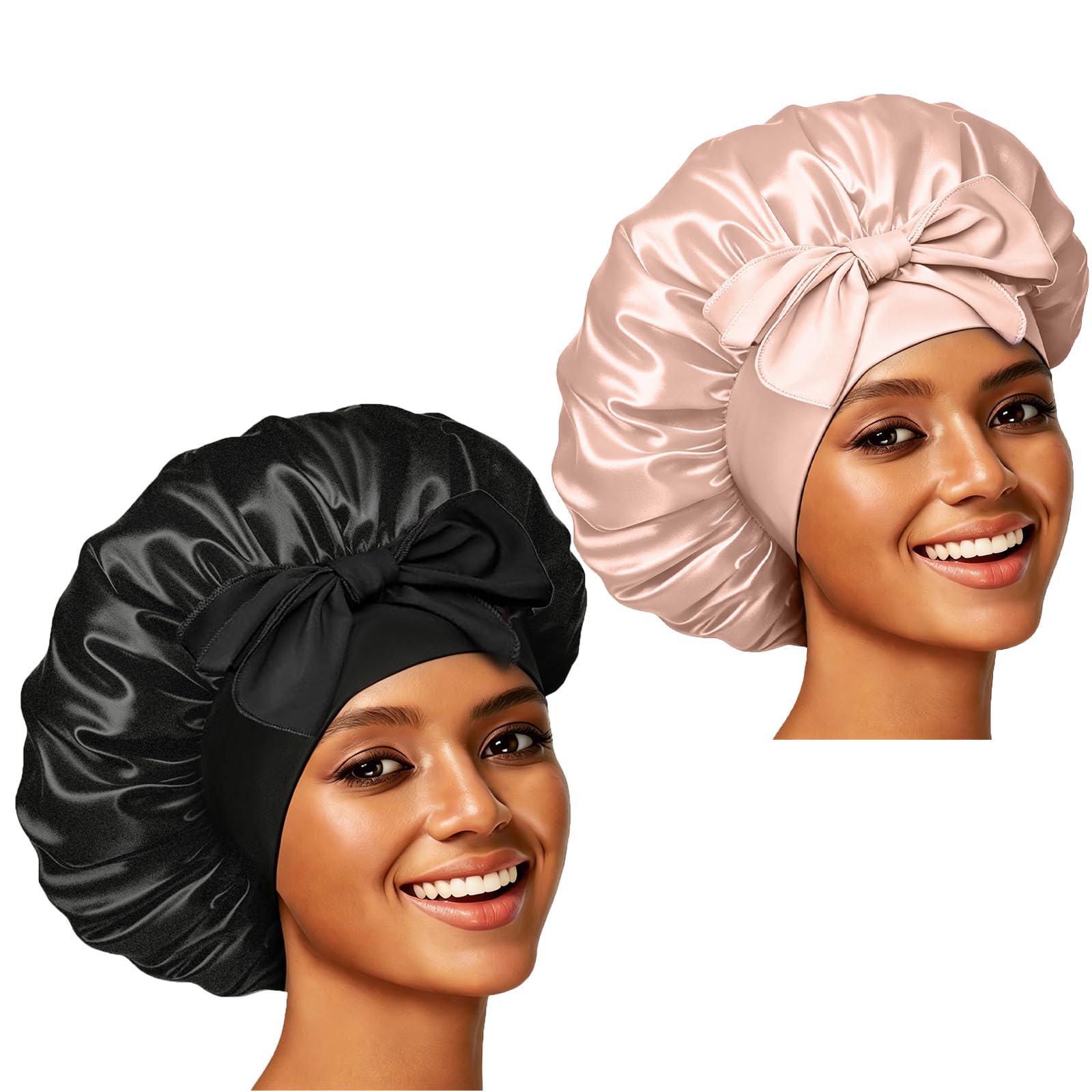 Confvrter bonnet front view showing Black and Champagne colors, protects hair overnight