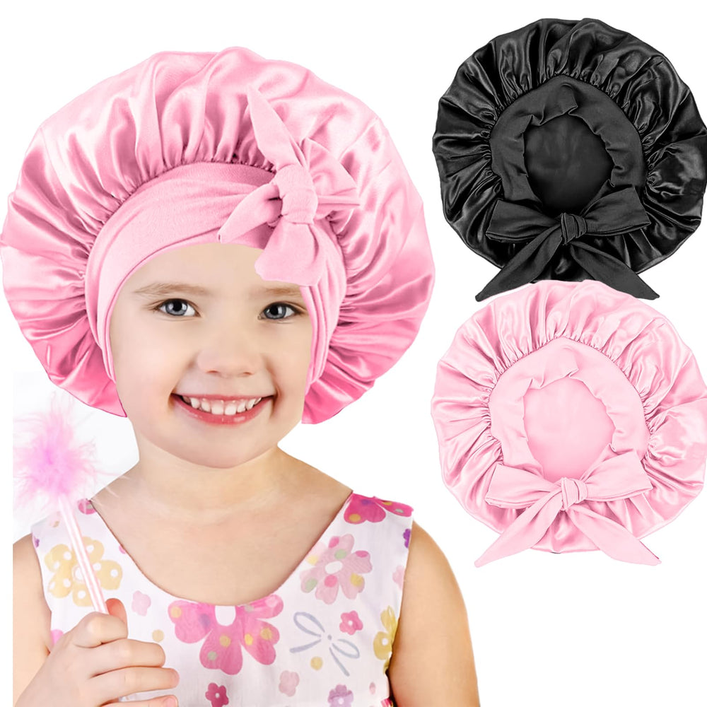 Confvrter front view of black and pink bonnets, shows protective sleep coverage