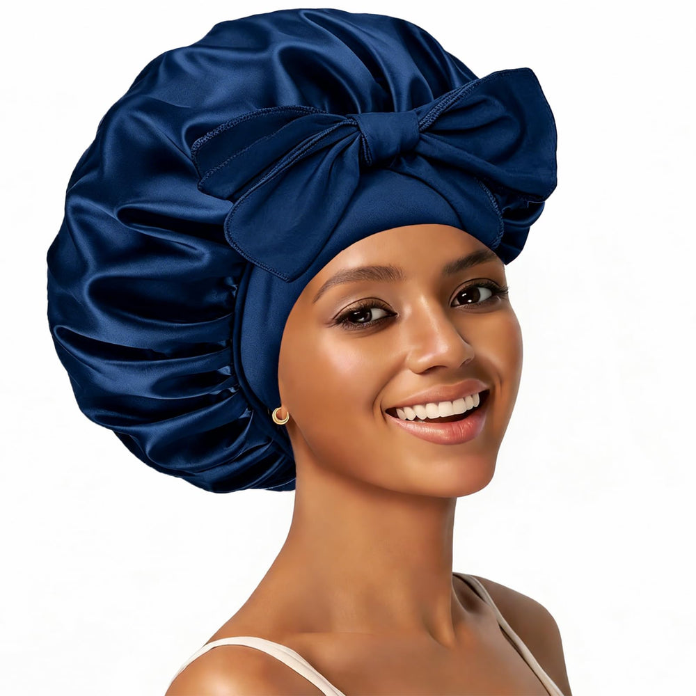 Confvrter front view of blue satin bonnet showing roomy fit and protection