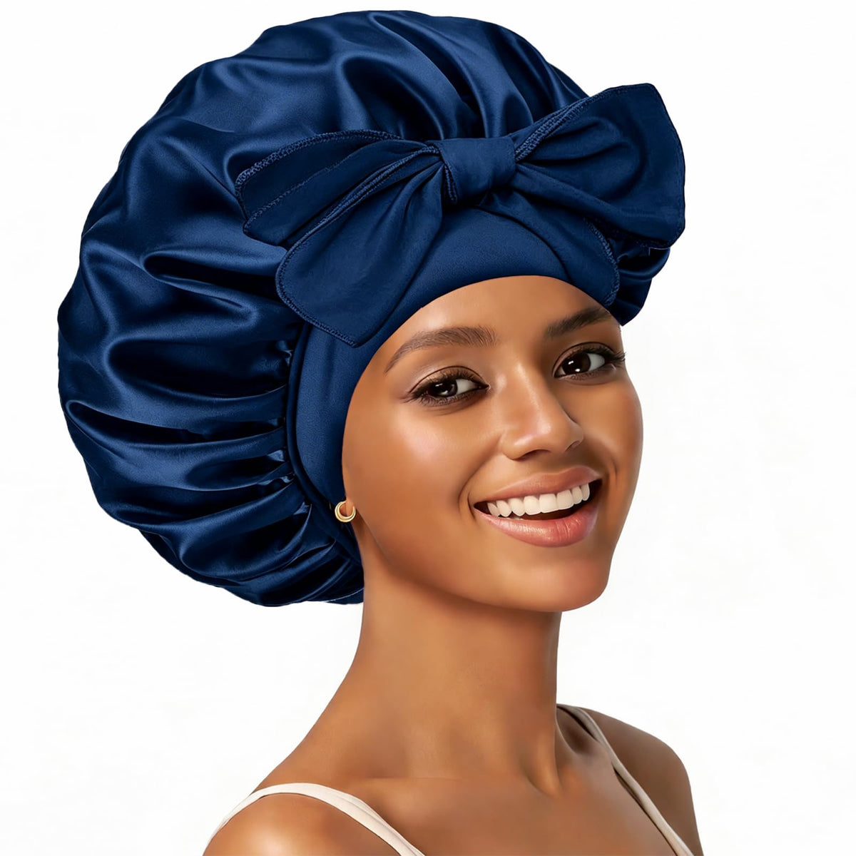 Confvrter front view of blue satin bonnet showing roomy fit and protection