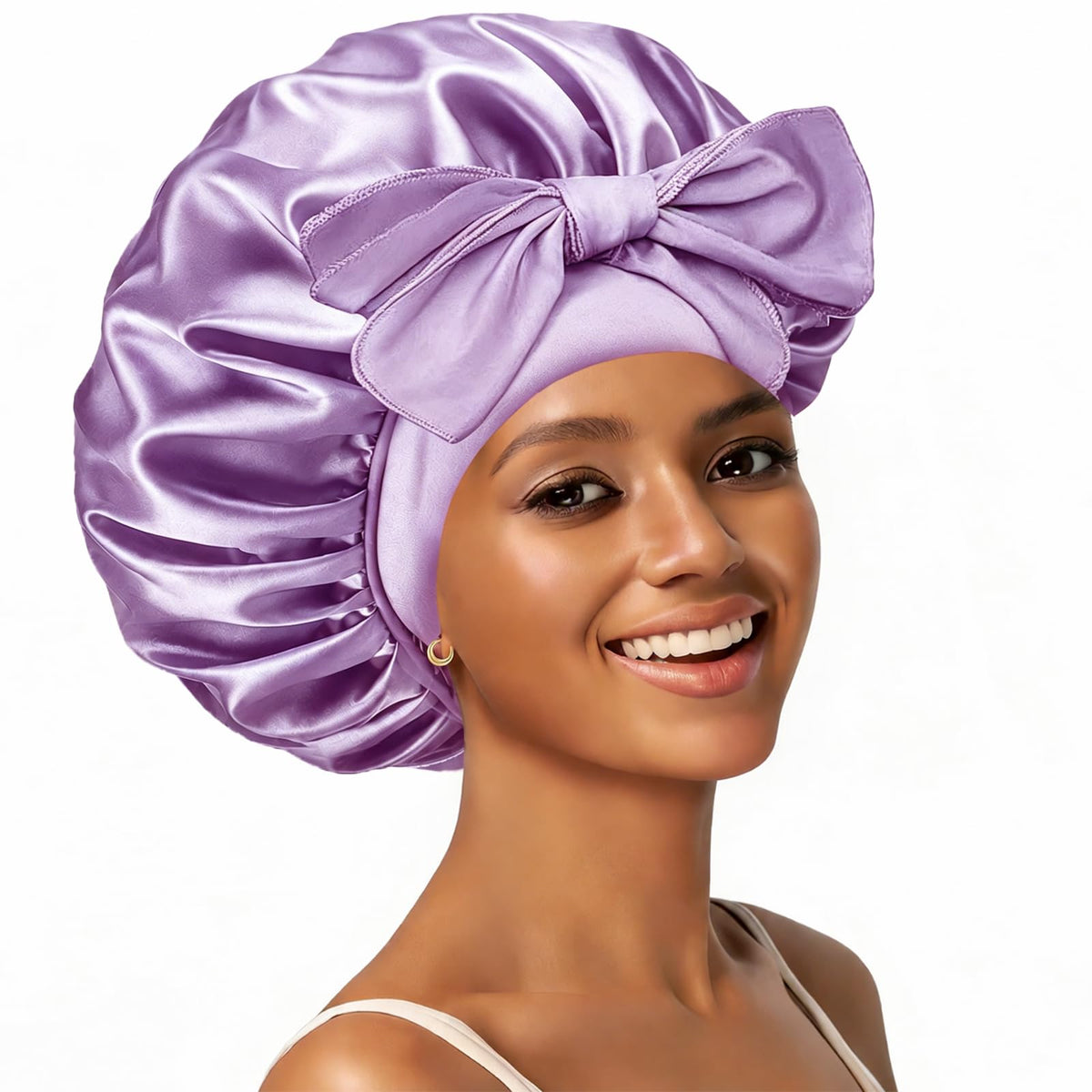 Confvrter bonnet front view showing roomy fit and purple color, preserves hairstyles