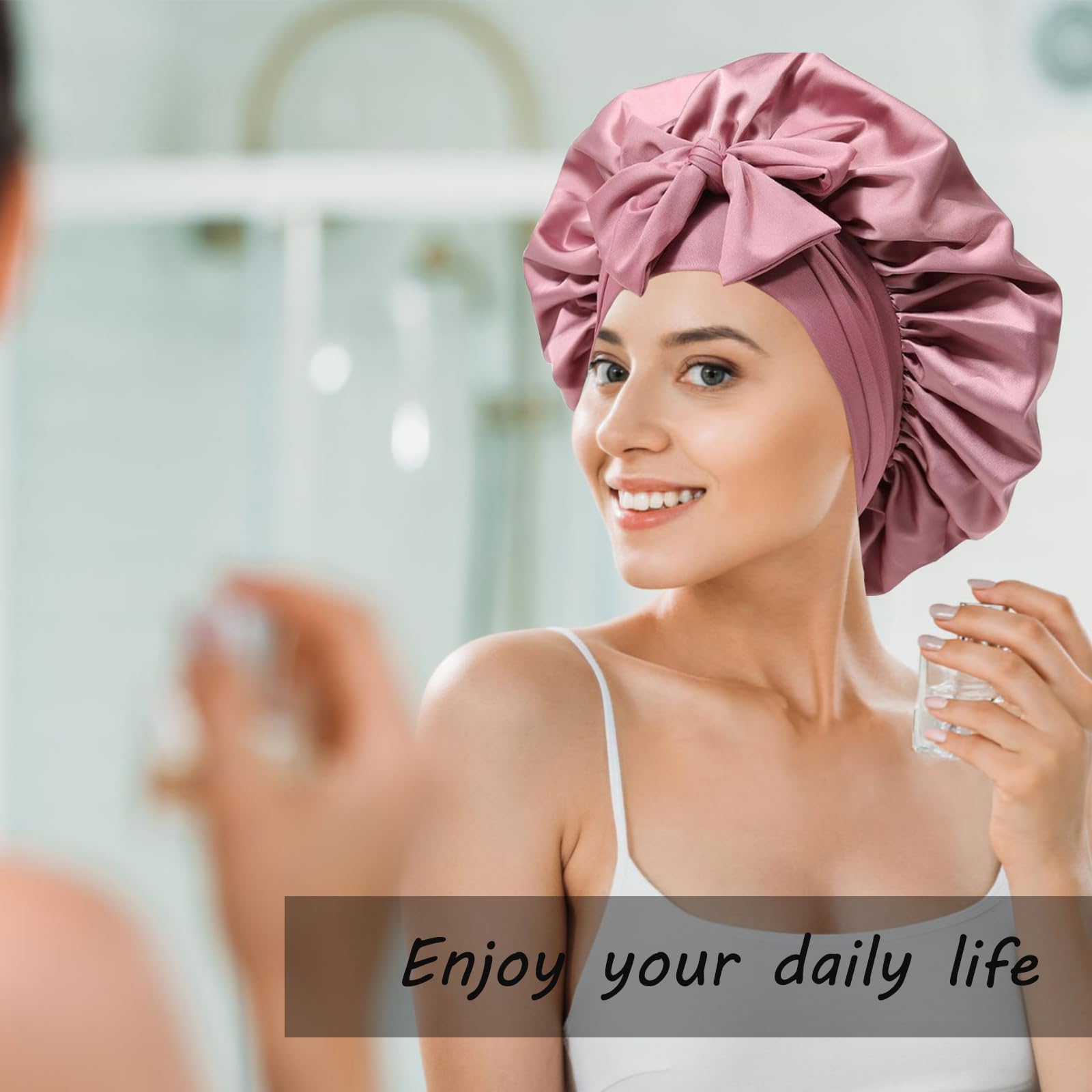 Confvrter bonnet in bathroom during skincare routine keeping hair clean
