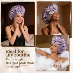 Confvrter model wearing bonnet in bed showing protection of curls overnight