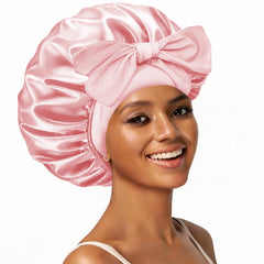 Confvrter bonnet front view showing peach pink satin and roomy fit benefits