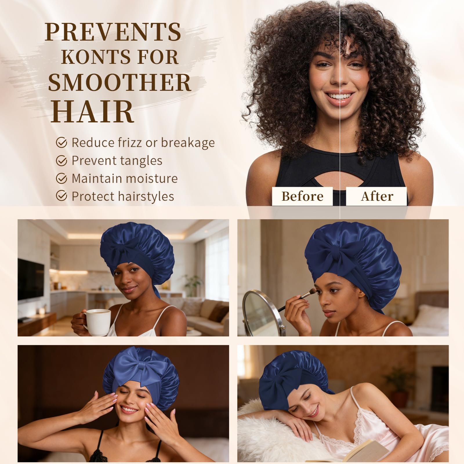 Confvrter woman sleeping in bonnet preserving curls and preventing tangles