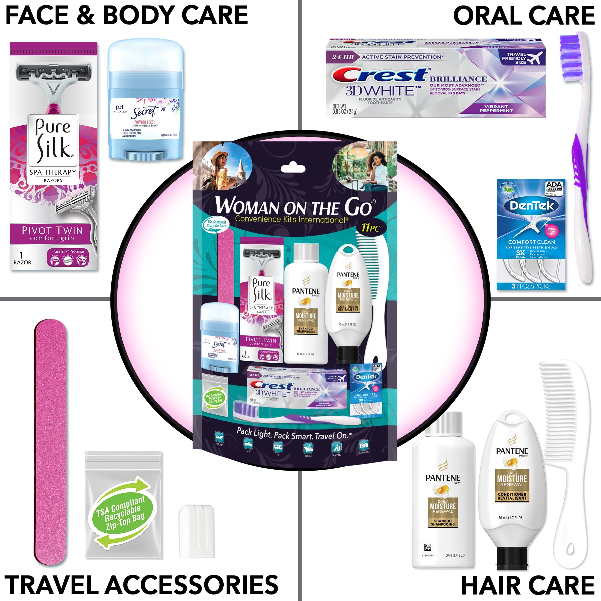 Convenience Kits International contents close-up shows labeled toiletries for quick access