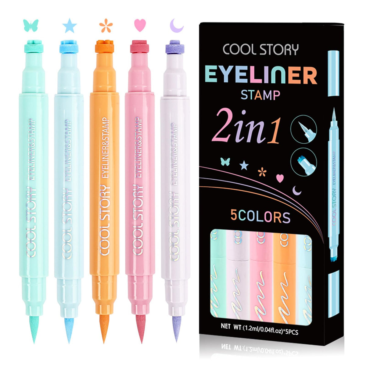 COOL STORY front packaging showing five dual-tip stamp eyeliners and benefits