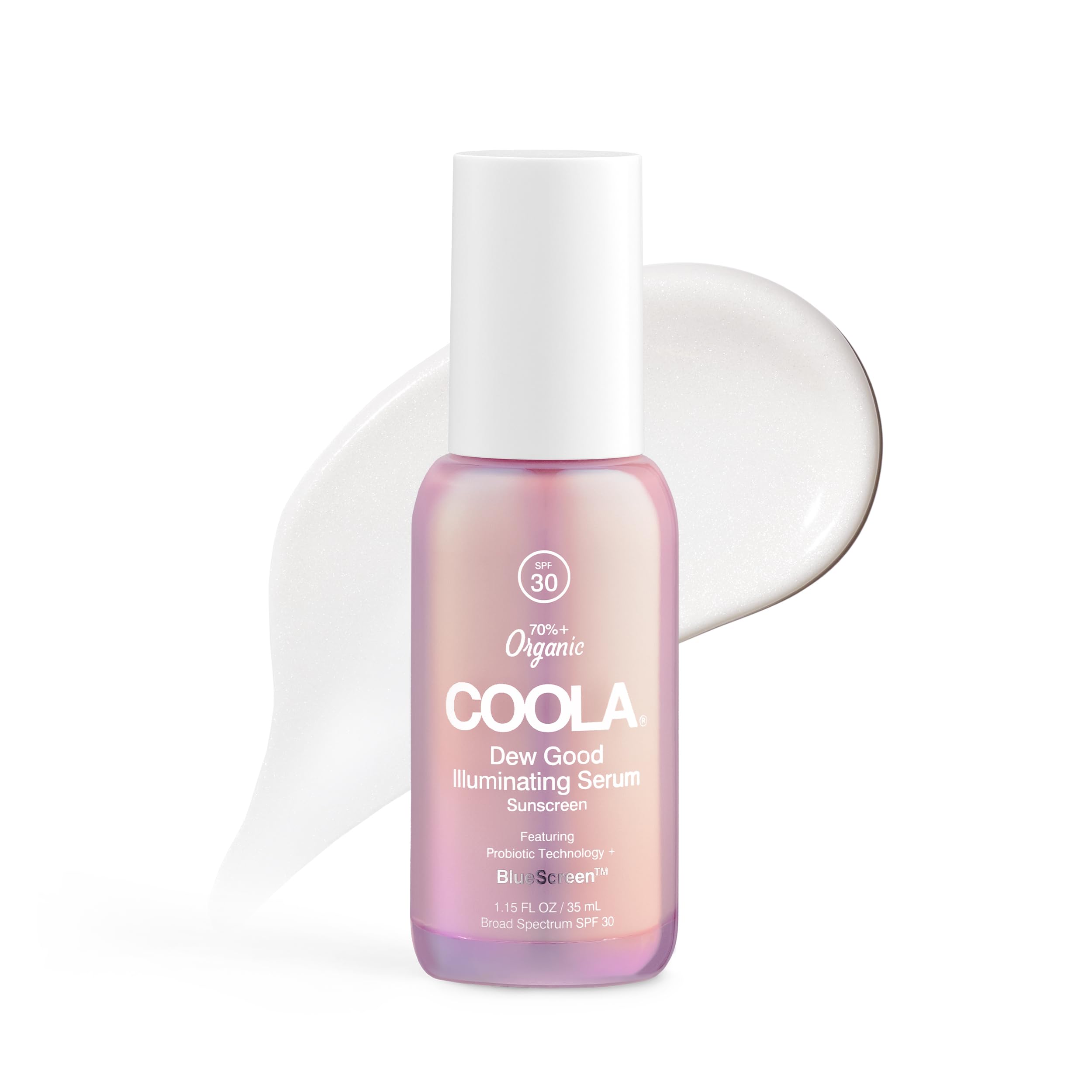 COOLA bottle front packaging shows SPF and probiotic serum benefits