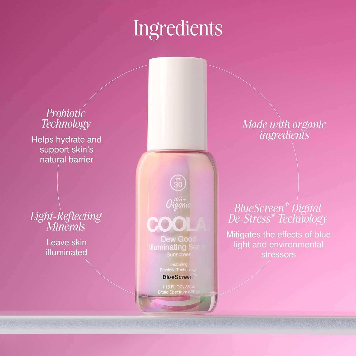 COOLA serum placed in bathroom routine setting promotes morning protection