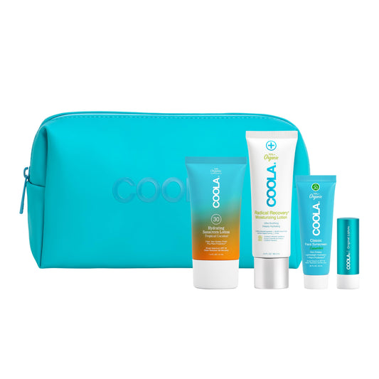 Coola front packaging showing four SPF 30 travel products for quick protection