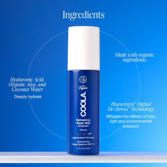 COOLA mist spraying on face for quick hydration and protection benefit