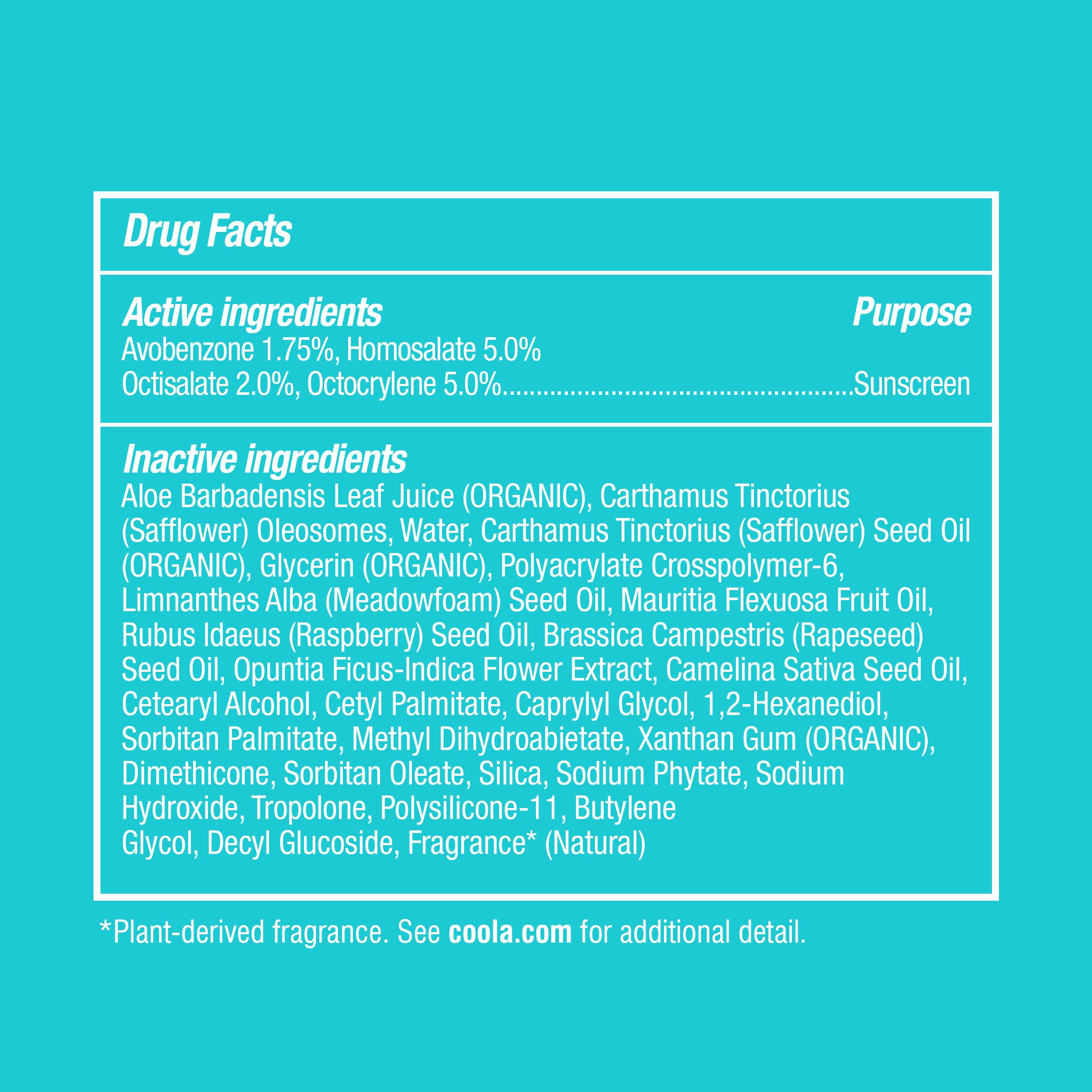 COOLA labels showing reef-compliant and recyclable packaging benefit