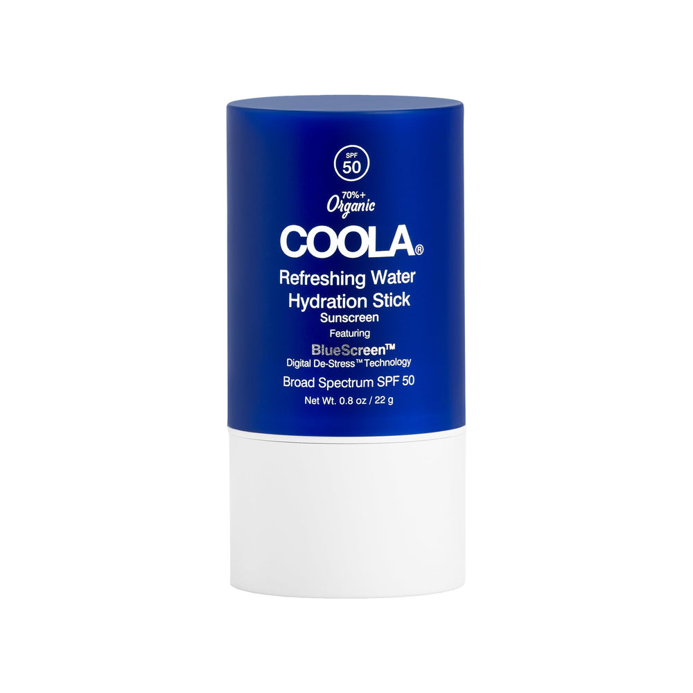 COOLA front packaging of water stick SPF 50 showing compact travel-friendly design and protection