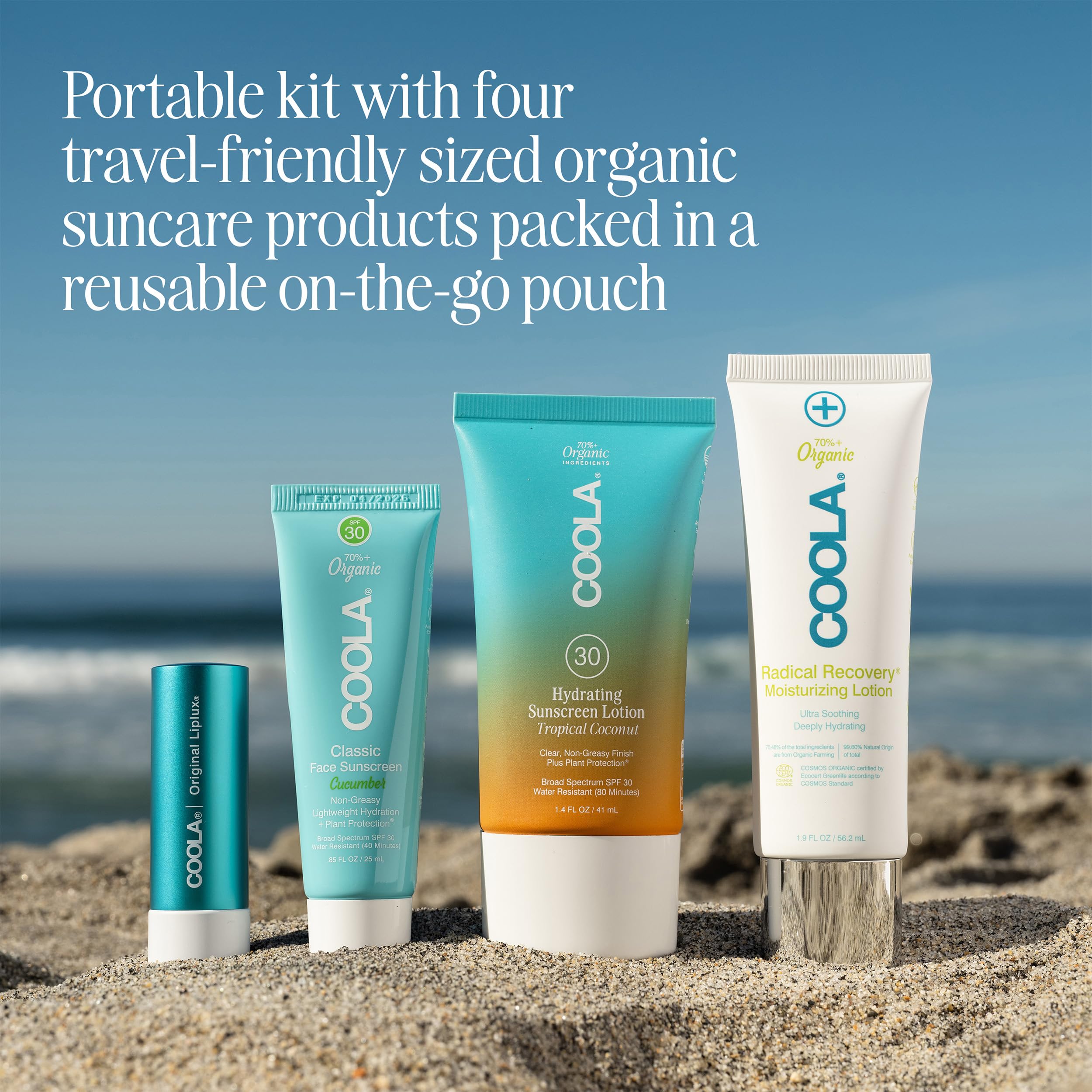 Coola reusable pouch open with products, convenient organization for travel