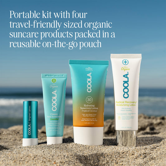 Coola reusable pouch open with products, convenient organization for travel