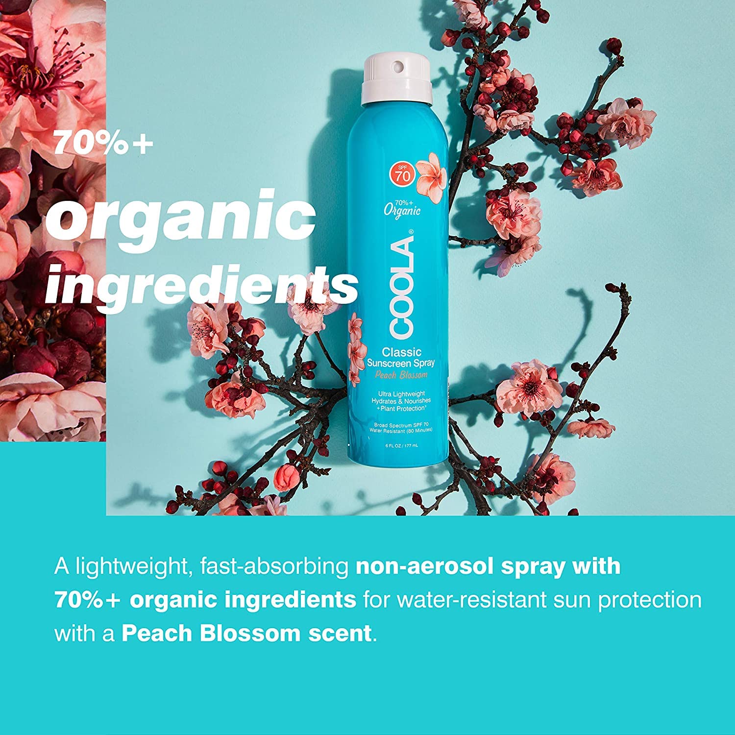 COOLA bottle next to hand for size comparison and travel convenience