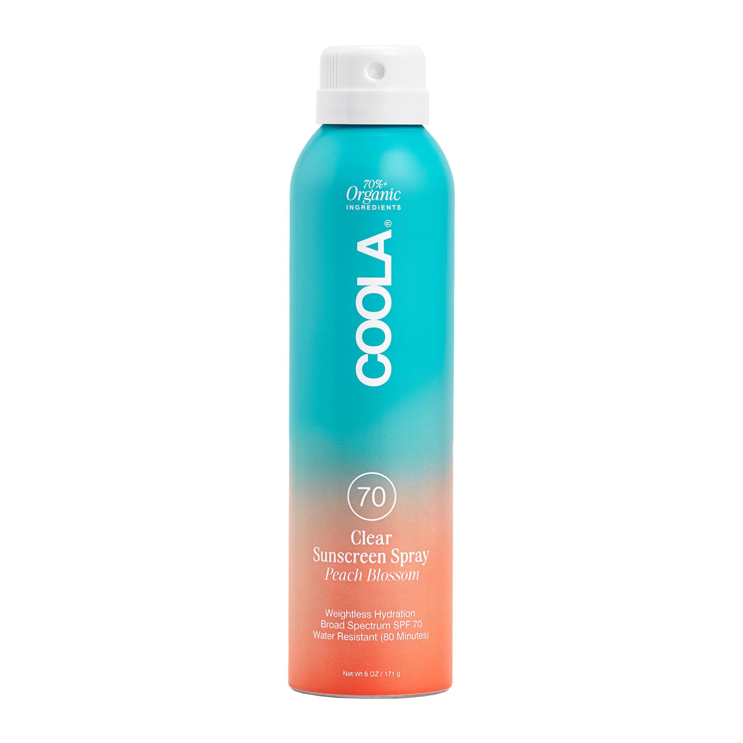 COOLA front packaging showing SPF 70 spray and peach blossom scent benefits