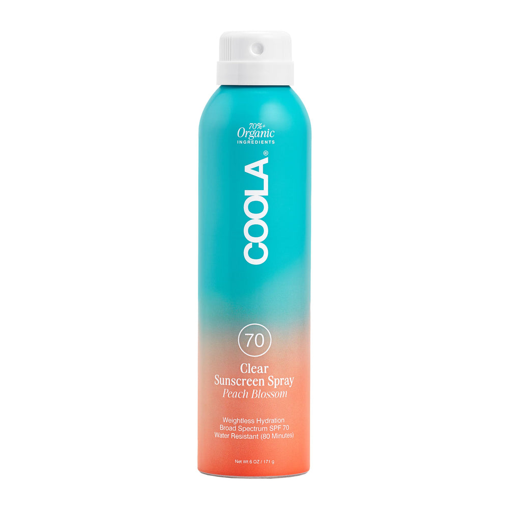 COOLA front packaging showing SPF 70 spray and peach blossom scent benefits