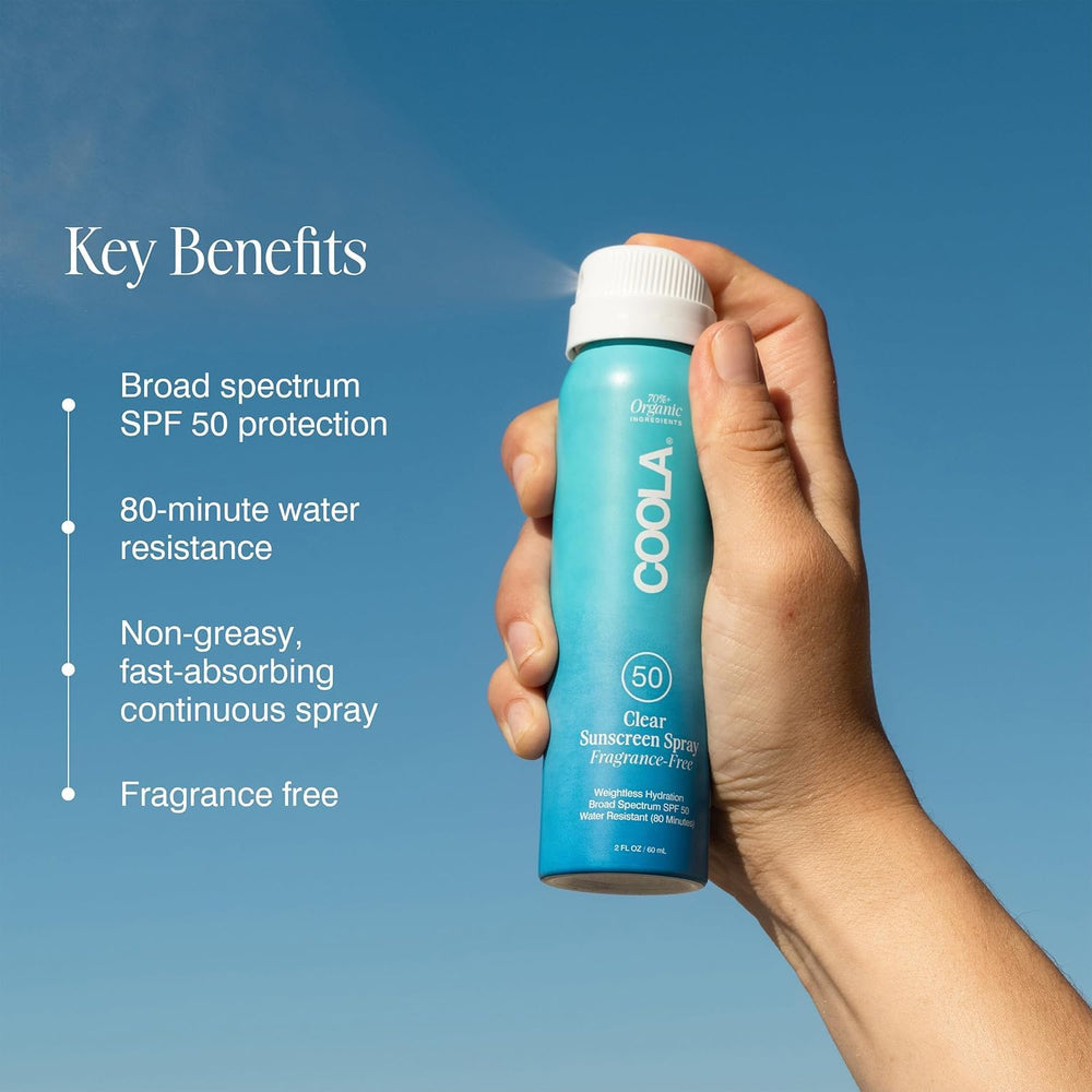 COOLA spray texture on skin dries light and non-greasy