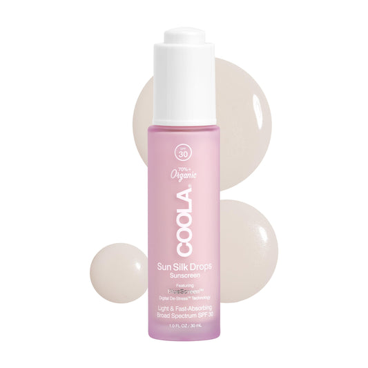 COOLA Sun Silk Drops front bottle showing compact travel size and SPF benefit