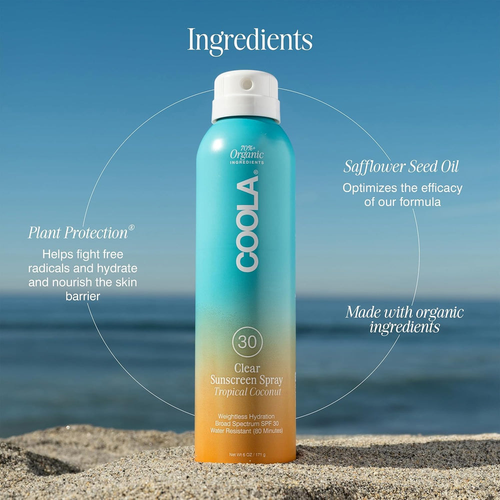 COOLA spray texture on skin absorbing quickly with non-greasy finish