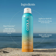 COOLA spray texture on skin absorbing quickly with non-greasy finish