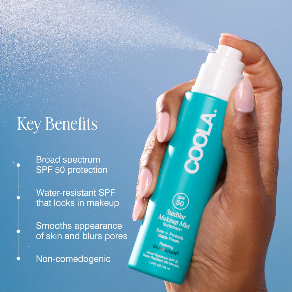 COOLA SunBlur spray texture on skin demonstrating matte, non-greasy feel